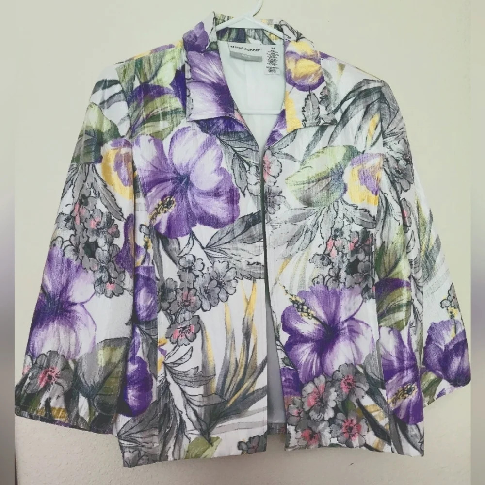 Alfred Dunner Open Front Blazer Floral Print Lined Shoulder Pads Sz 10P (EUC)
